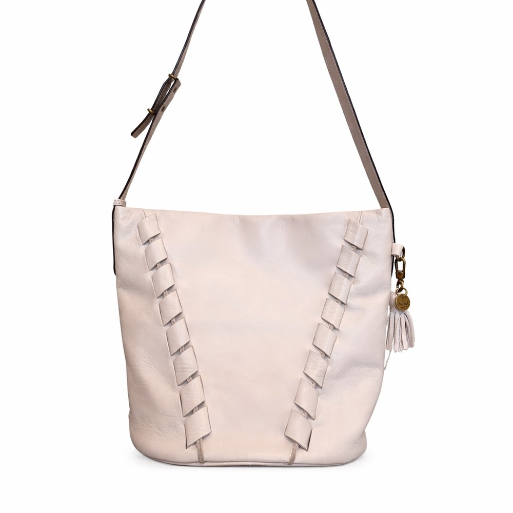The Sak Cream Leather Bucket Bag Tassel Shoulder Bag Boho Minimalist - Picture 6 of 13